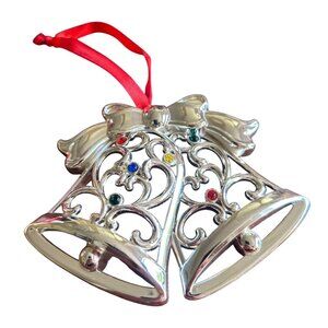 Lenox Silver-Plated Sparkle & Scroll Double Bell Ornament With  Jewel Accents